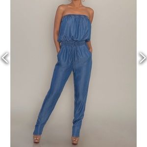 STRAPLESS CHAMBRAY JUMPSUIT - MEDIUM DENIM (small)